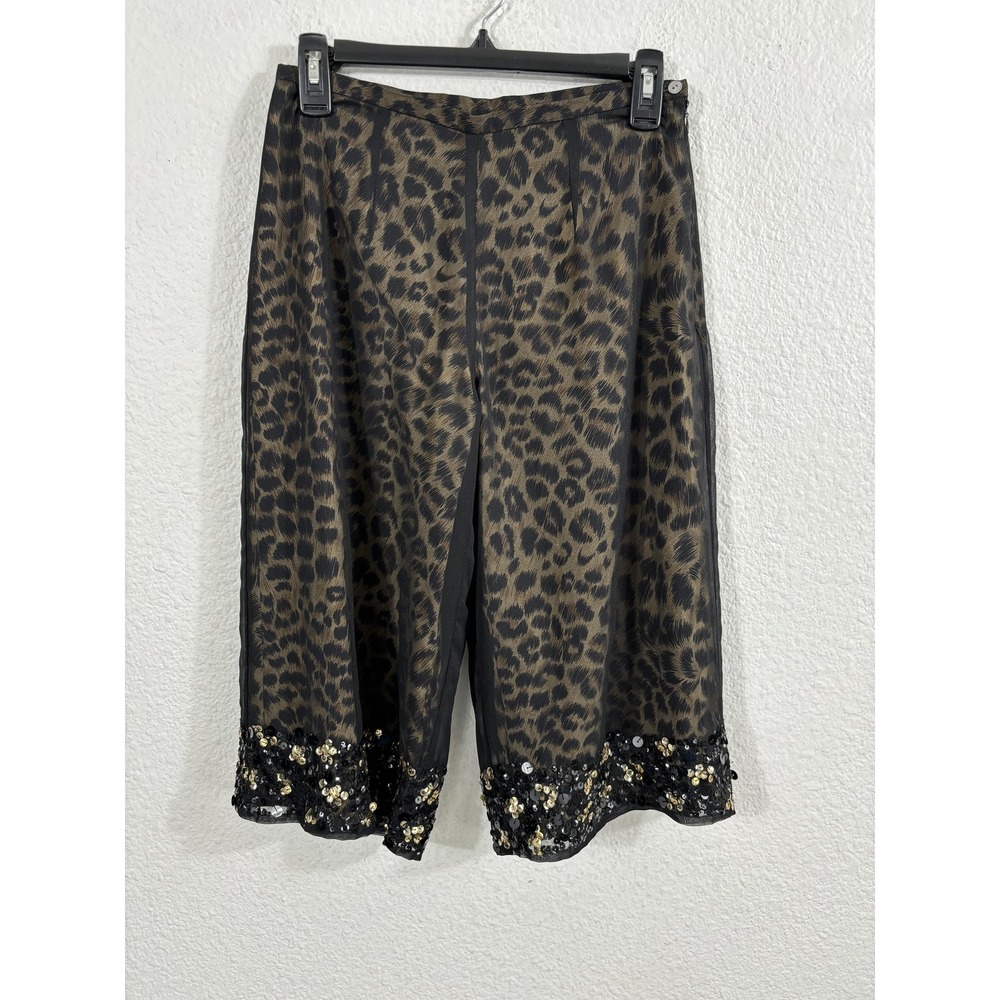 Salabianca Pants Womens Small Brown Leopard Print Cropped Culottes Sequin Hem